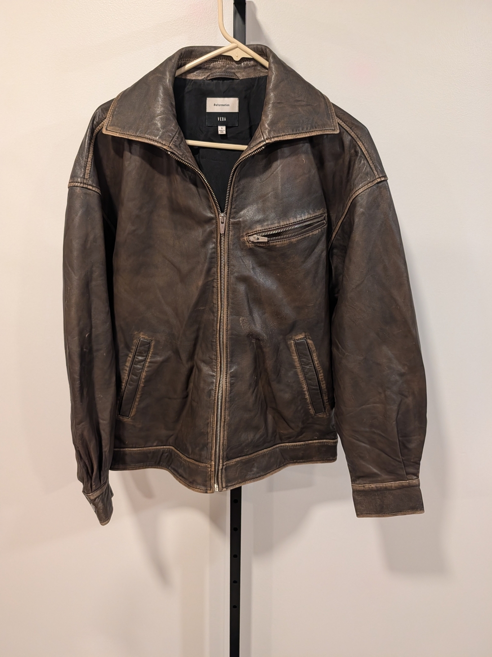 Veda+Reformation Marco Oversized Brown Leather Bomber Pitstop Jacket
